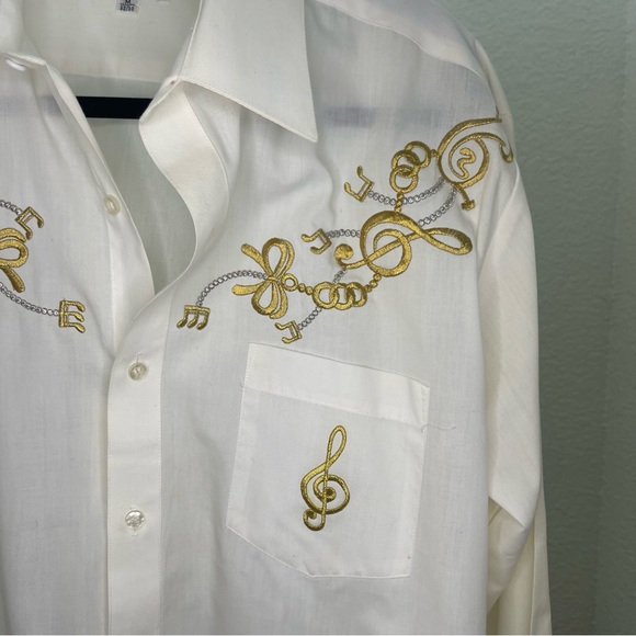 B-Cuz‎ cream Button-Up Shirt Gold Musical Note Embroidery vintage music teacher - Picture 5 of 9